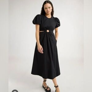 NWT Scoop Black Puff Sleeve O-Ring Cut Out Midi Dress, Size Large